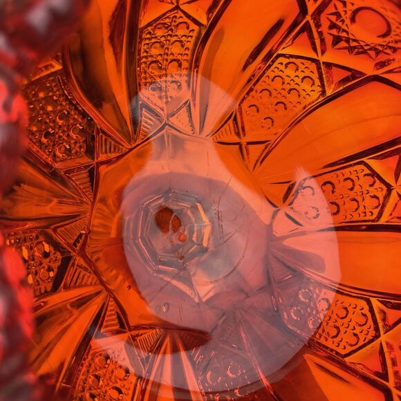 VTG Ruby Red Amberina Yellow Pressed Glass Pedestal Compote Candy Dish Scalloped - Picture 7 of 10